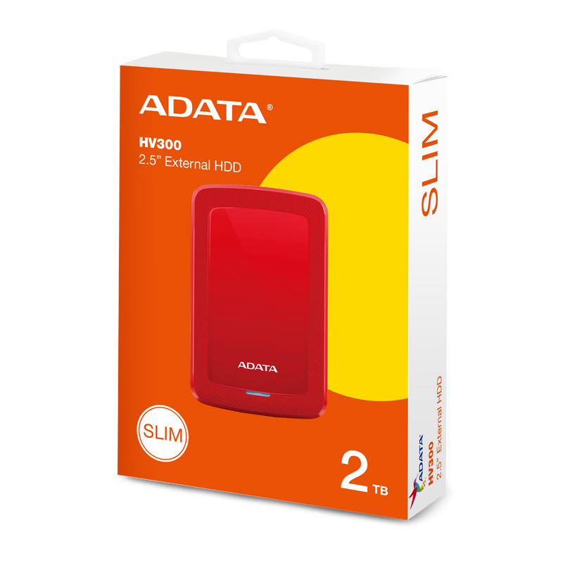 Adata Hv300 Series 2Tb/2000Gb Red, 10Mm Slim Design, G Shock Sensor Protection With Warning Led, Aes