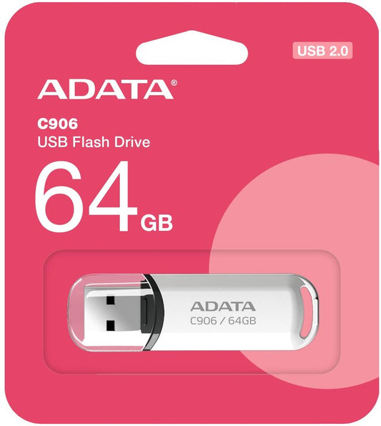 Adata 64Gb Usb2.0 Flash Drive C906 White, Integral Strap Mount