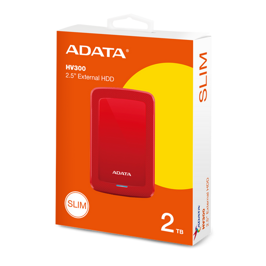 Adata Hv300 Series 2Tb/2000Gb Red, 10Mm Slim Design, G Shock Sensor Protection With Warning Led, Aes